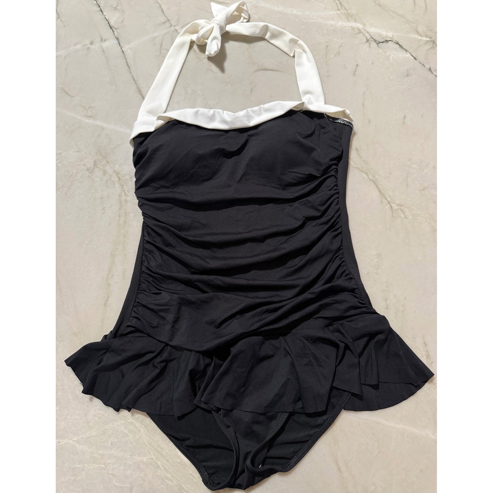 NWOT Lauren Ralph Lauren Women 12 Black Ruched Halter Neck Skirt Retro Swimsuit
